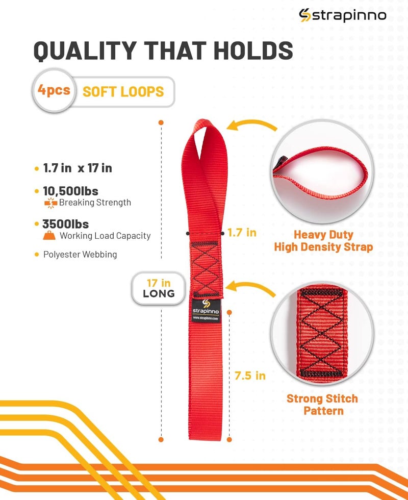 Strapinno 4pcs. Soft Loop Tie-Down Straps -1.7 in x 17 in Straps with 10,500lbs Breaking Strength and 3,500lbs Working Load Limit Each, Ideal for Securing ATV, UTV, Vehicles, and Other Equipment(Red) - Image 2